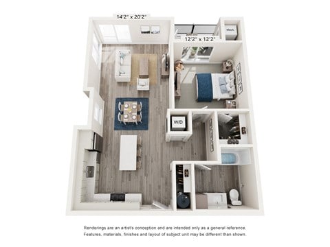 Floor plan for 1 bed, 1 bath, 853 sqft